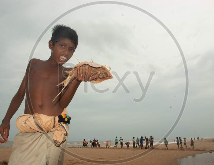 Indian Local Fisher-boy holding sea fish in the hand