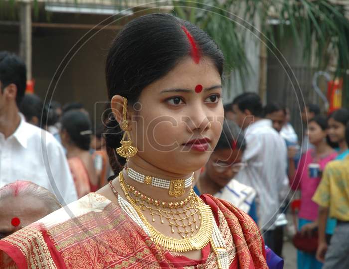 Indian Tradtional Woman Devotee during Durga Puja