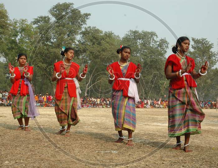 Indian Tribal People Performing Traditional Folk Dance During Festivals in Murshidabad, West Bengal