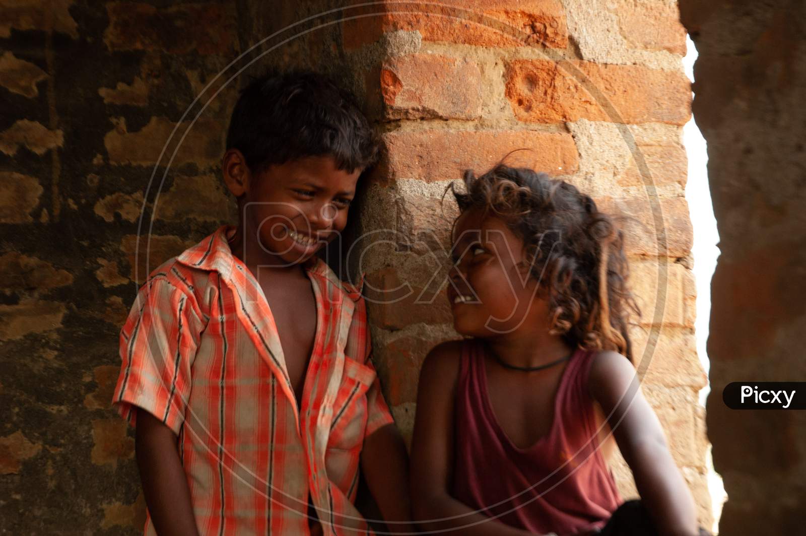 Indian Rural Village Children At a Village  Houses
