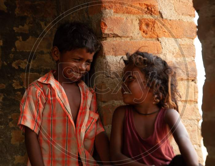 Indian Rural Village Children At a Village  Houses