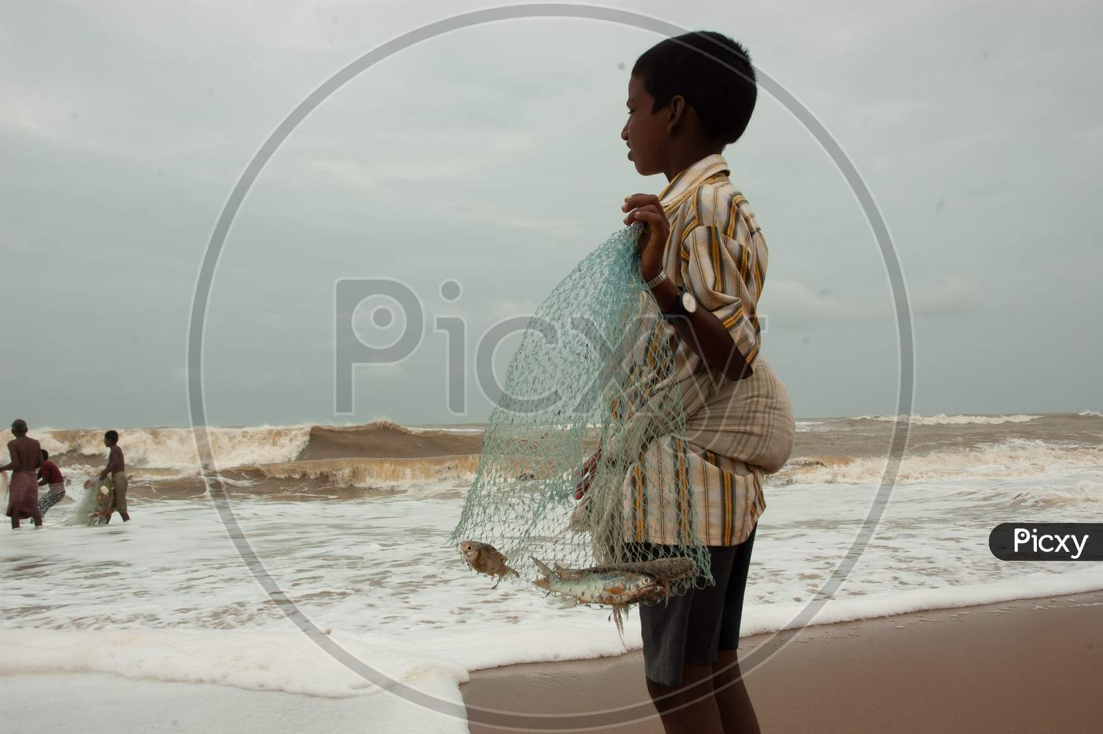 Indian Local fisher-boy with fish in the net