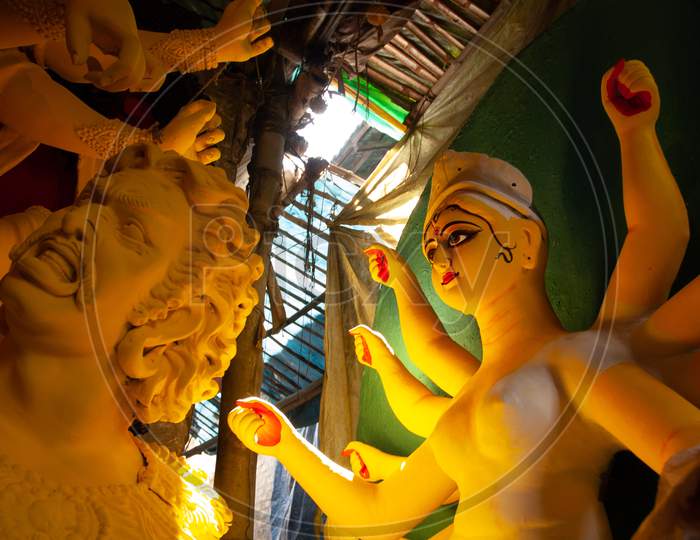 Goddess Durga Idols In Making At Workshops For Dusera Or Durga Navrathri Festival  In Kumortuli, Kolkata
