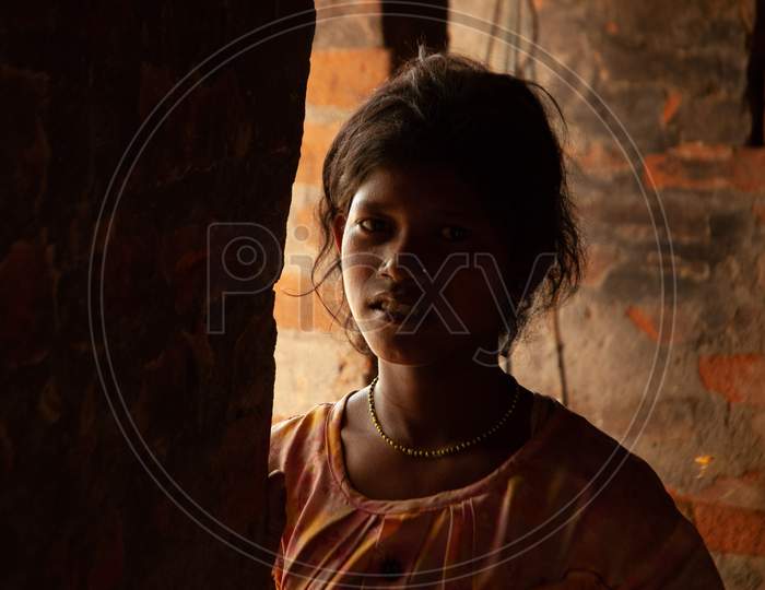 Indian Rural Village Girl At a House