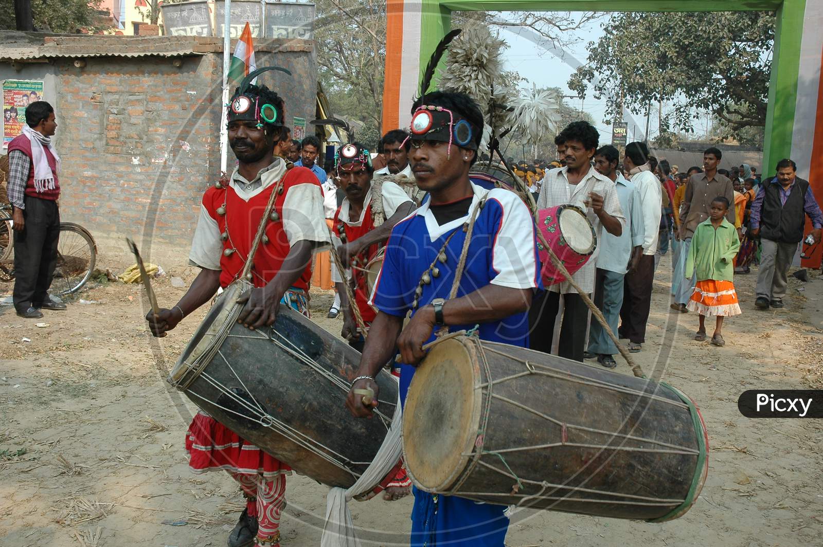 Folk Drum Artists Arriving At Public Meeting  Held By Pranab Mukherjee