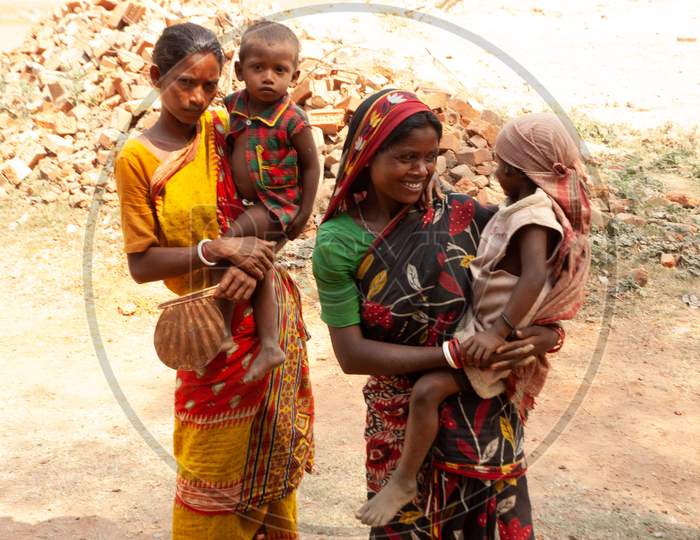 Rural Indian Village Mothers With Their Children