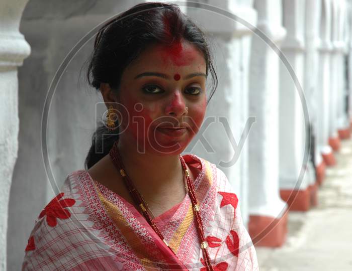 Indian Female Devotee during Durga Puja