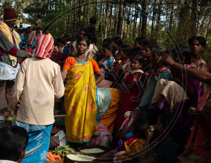 Tribal Woman Selling   Vegetables Grown in  Agricultural Fields On the Roads of  Araku Forest
