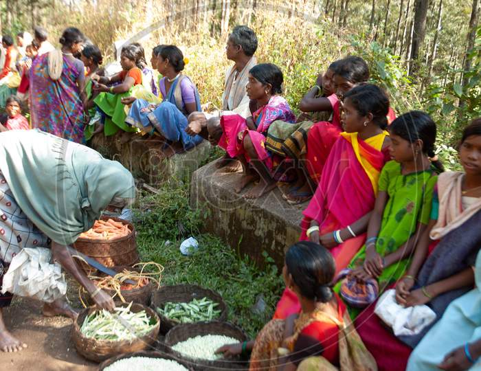 Tribal Woman Selling   Vegetables Grown in  Agricultural Fields On the Roads of  Araku Forest