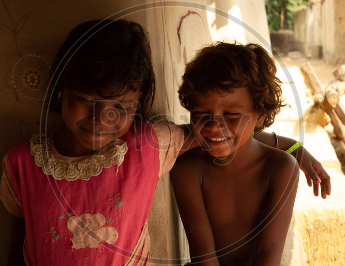 Indian Children At Rural Village Houses