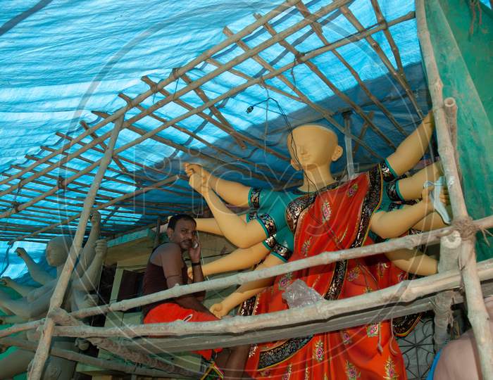 Goddess Durga Idols In Making At Workshops In Kumortuli, Kolkata