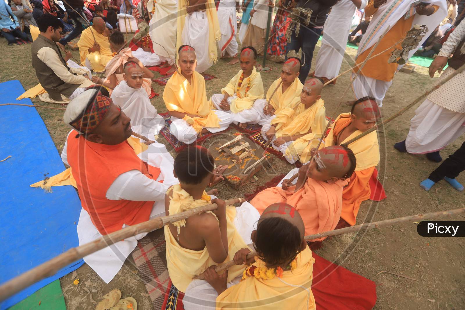 Indian Hindu Priest or Vedha Patshala Students Participating  in Homam  During  Magh Mela , Prayagraj  2020