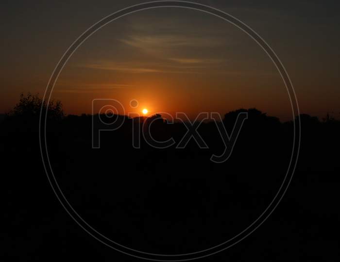 Silhouette In Landscape, Silhouette Photography In Sunrise With Silhouette Sun Background