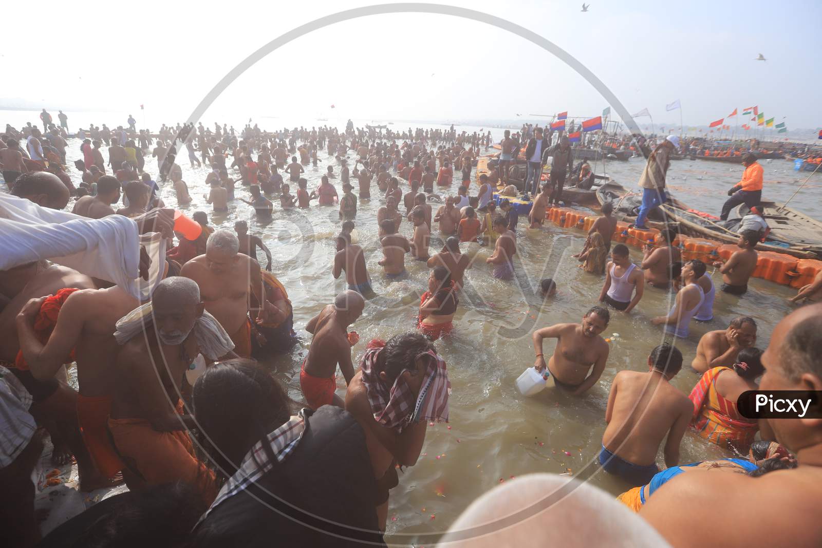 Image Of Indian Hindu Devotees Taking Bath In Triveni Sangam River During Magh Mela In Prayagraj