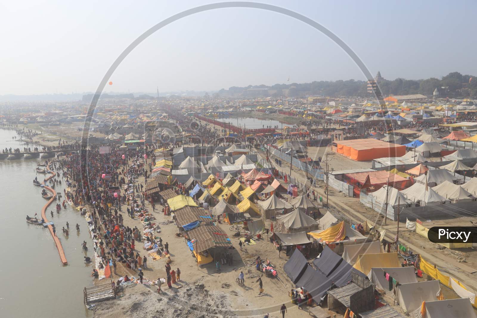 Tents Or Shelters Arranged At Prayag Raj  on Triveni Sangam River Bank During Magh Mela 2020