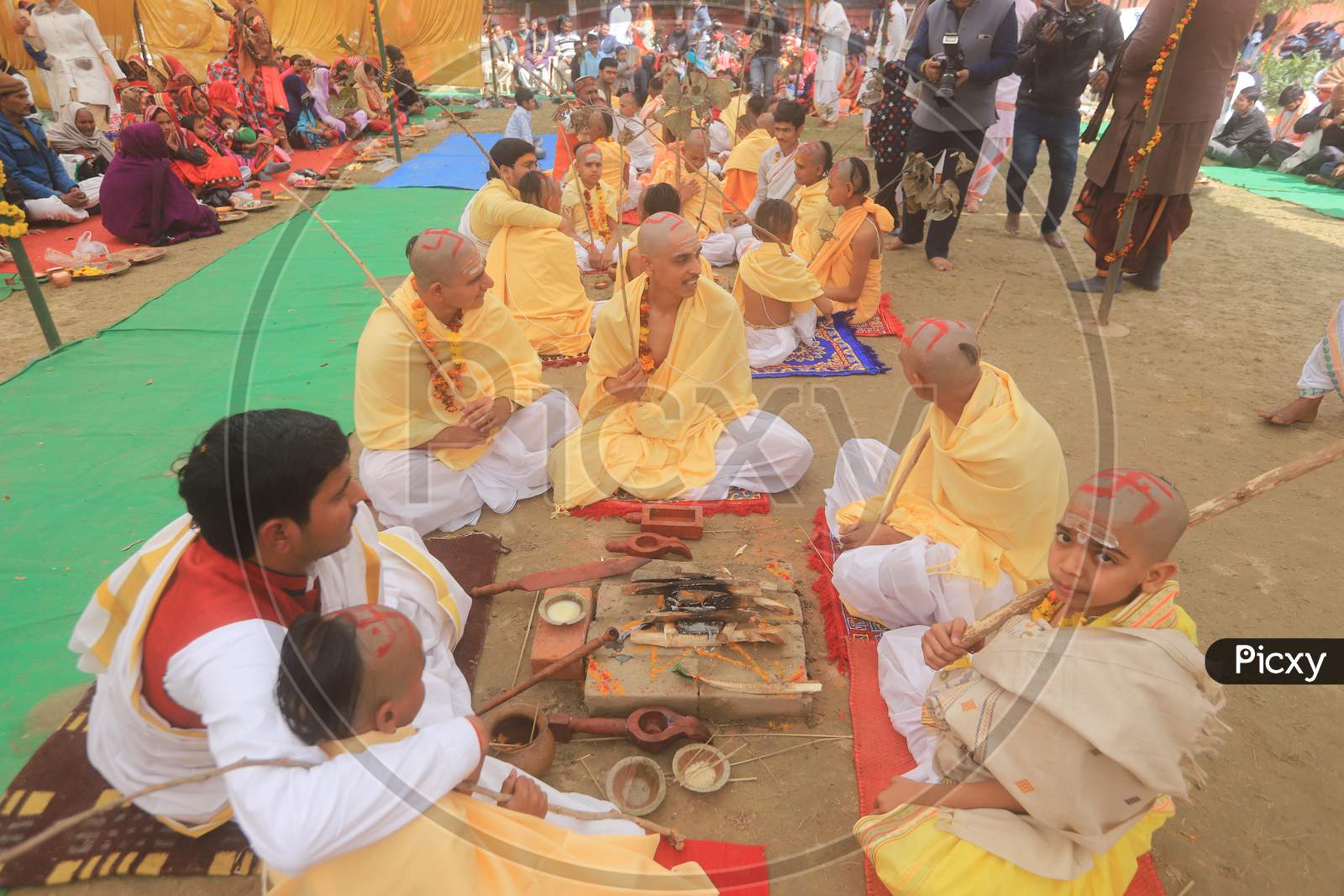 Indian Hindu Priest or Vedha Patshala Students Participating  in Homam  During  Magh Mela , Prayagraj  2020