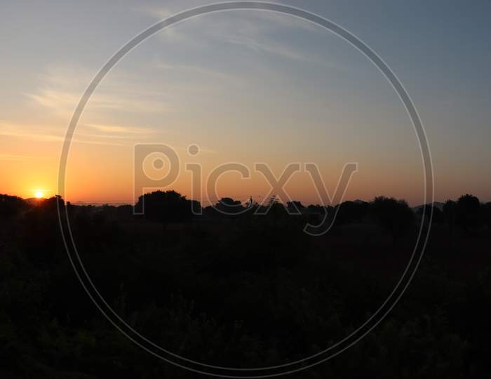 Landscape Photo Shot Of Silhouette In Sunrise With Sun ,Sun Ray And Sun Light Background, Silhouette In Sunrise