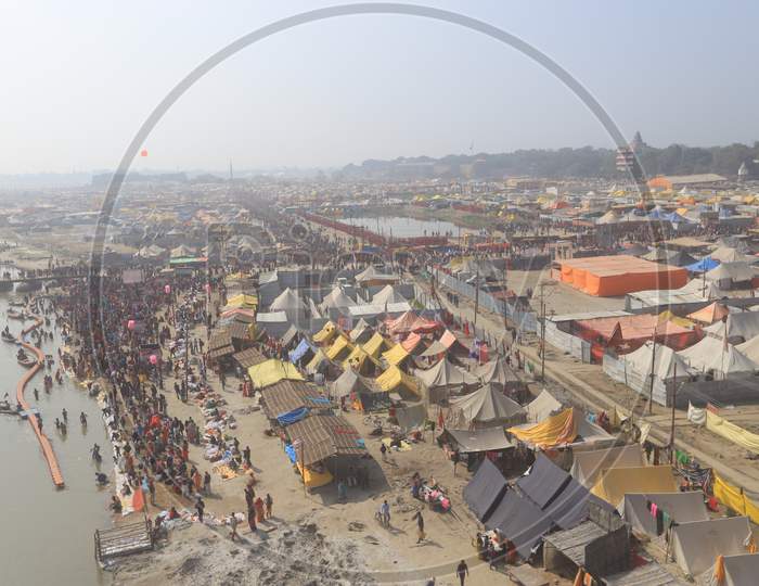 Tents Or Shelters Arranged At Prayag Raj  on Triveni Sangam River Bank During Magh Mela 2020