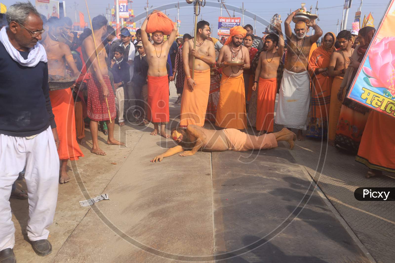 Indian Naga Sadhu or Aghora Performing Pooja At Prayagraj During  Magh Mela 2020