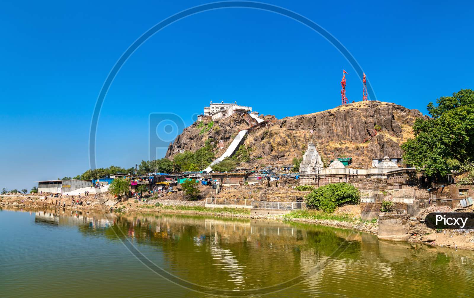 Dudhiyu Talav Lake and Kalika Mata Temple at the summit of Pavagadh Hill - Gujarat state of India