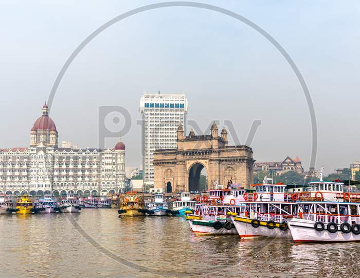 The Gateway Of India And Taj Mahal Palace As Seen From The Arabian Sea. Mumbai - India