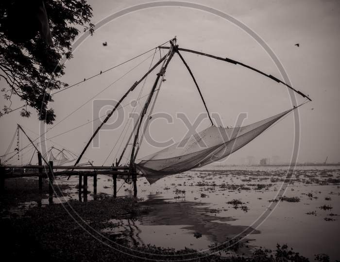 China Fishing Nets in kerala Backwaters