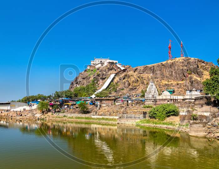 Dudhiyu Talav Lake and Kalika Mata Temple at the summit of Pavagadh Hill - Gujarat state of India