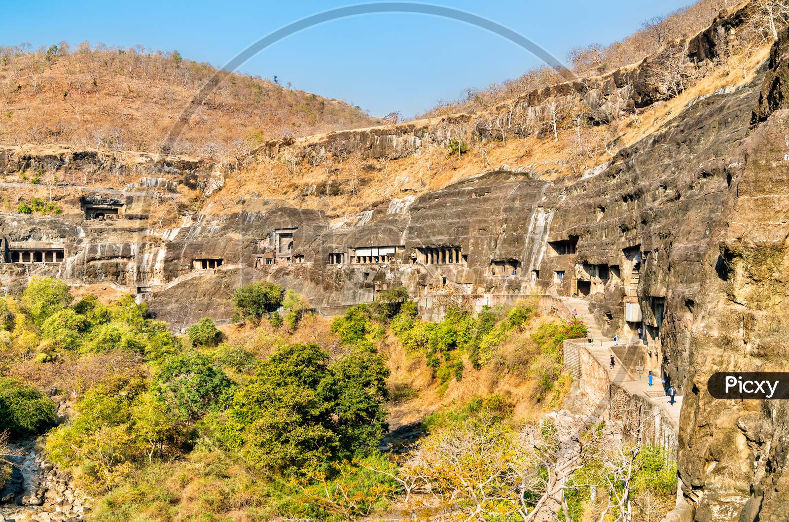 Panorama Of The Ajanta Caves. Unesco World Heritage Site In Maharashtra, India