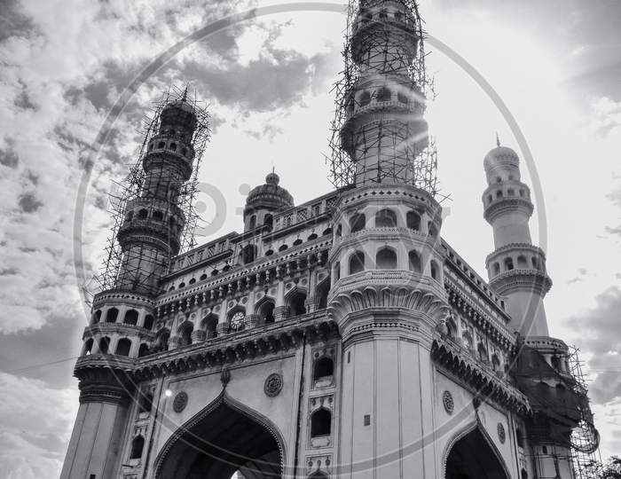 Charminar in Mono Chrome With Dark Clouds in Sky