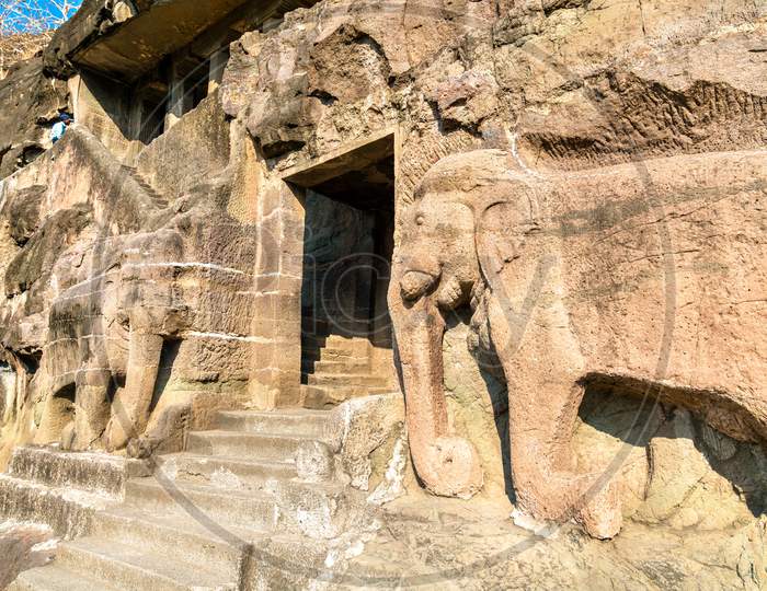 Carved Elephants At The Entrance Of Cave 16, The Ajanta Caves Complex. Maharashta, India
