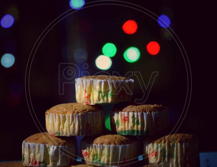 Muffin Cup Cake  With Led Light Bokeh Background