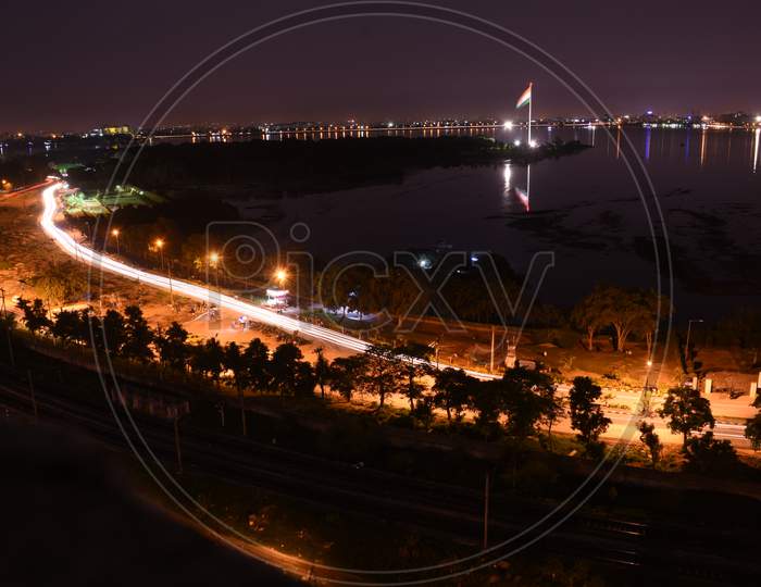 Long Exposure Of Necklace Road And Tank Bund in  Night Time