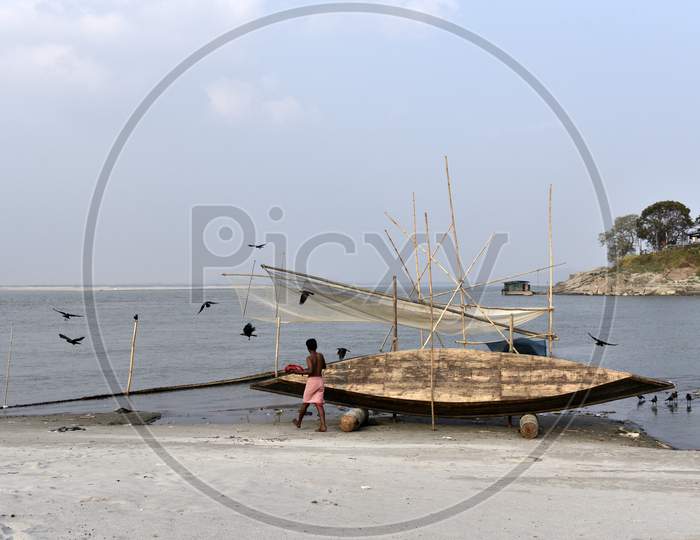 Fishing Boats At Bramhaputra River Bank in Guwahati