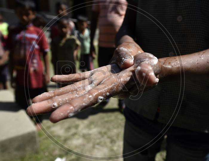School Children Washing Hands, Hygiene and Sanitary Awareness to Indian School Children in Schools Concept