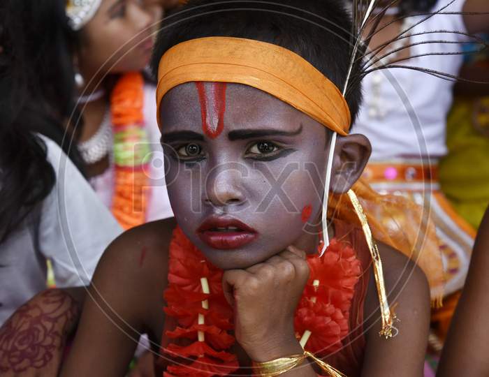 Little Children Dressed Up As Lord Krishna During The Janmashtami Festival In Morigaon, Assam