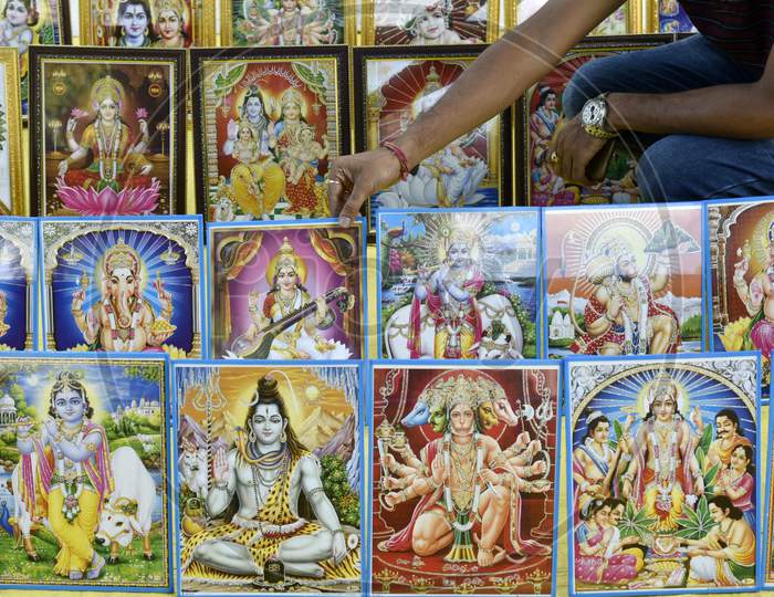 Hindu God Photo frames Selling At an Stall Near Temples