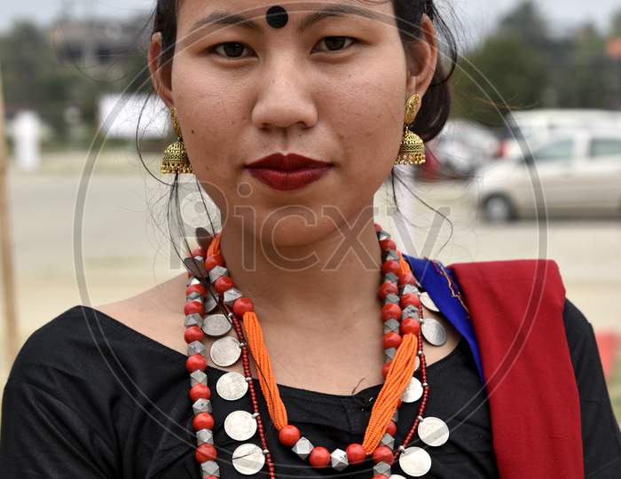 Assamese Woman In Traditional Tribal Dresses During Bihu Festival Celebrations in Guwahati, Assam