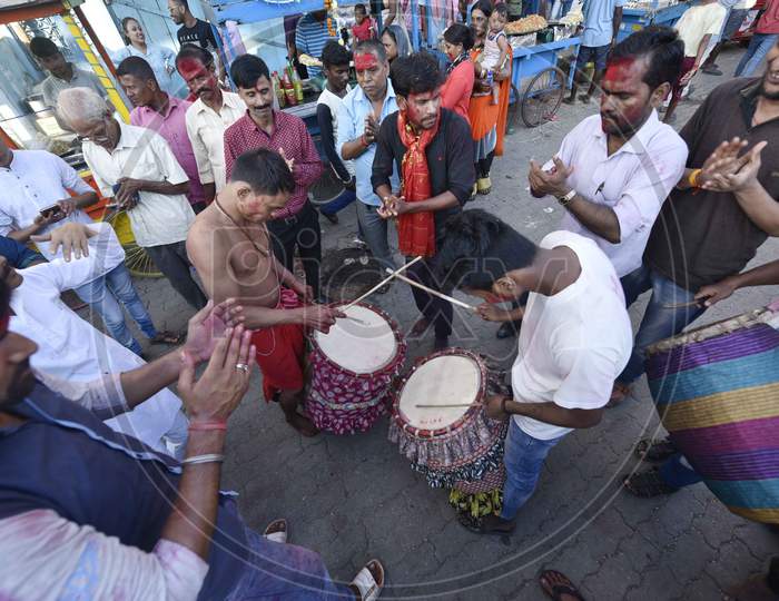 Artists Playing Drums During Durga Goddess Procession