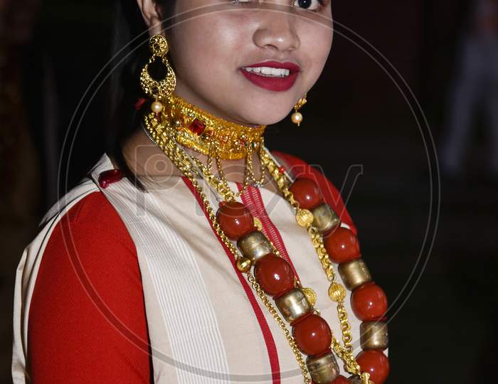 Assamese Woman In Traditional Assam Clothes During Bihu Festival Celebrations In Guwahati