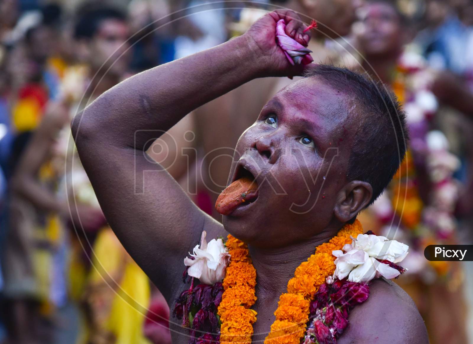 Indian Folk Artists Performing On Durga Goddess Procession During Dussera Celebrations in Guwahati