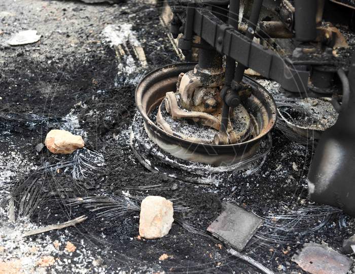 A Charred Police Point Which Was Reportedly Set On Fire By The Protestors During A Demonstration Against The Citizenship Amendment Bill, In Guwahati