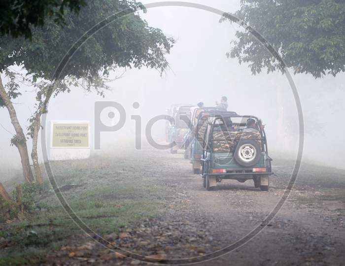 Tourists In The Jeep Safari In The Kaziranga National Park Early In The Morning, In Golaghat District Of Assam