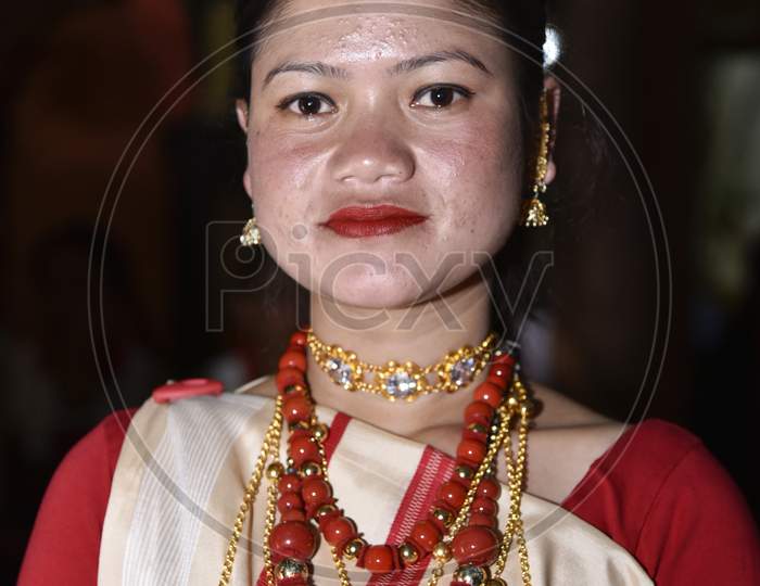 Assamese Woman In Traditional Assam Clothes During Bihu Festival Celebrations In Guwahati