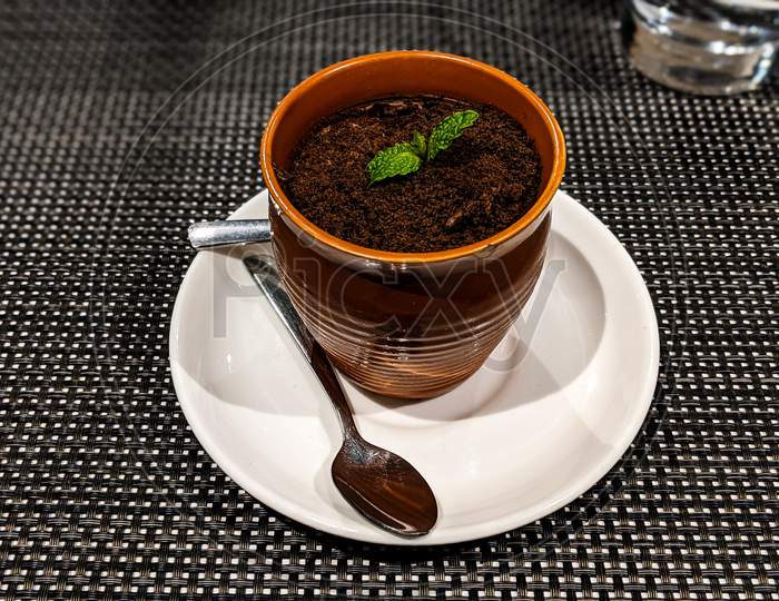 A Mint Leaf planted On Soil in an Cup At a Restaurant Table