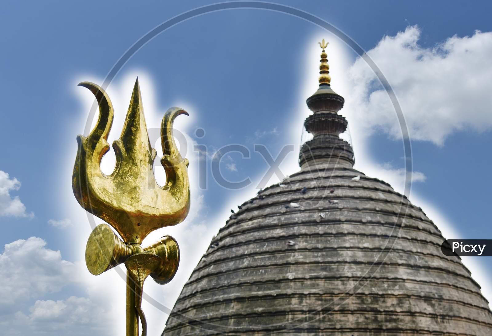 Illustration Of Trishul And Khamakhya Temple Shrine Over Blue Sky