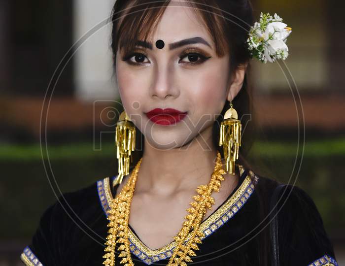 Assamese Woman in Traditional Tribal Dress During  Bihu Festival Celebrations in Guwahati