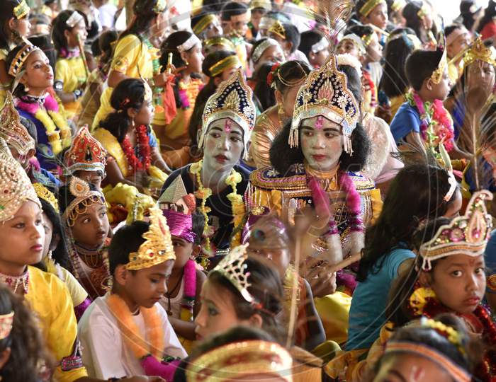 Little Children Dressed Up As Lord Krishna During The Janmashtami Festival In Morigaon, Assam