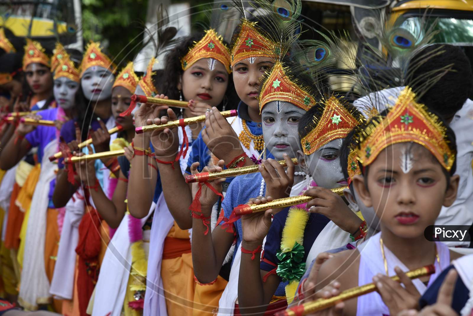 Little Children Dressed Up As Lord Krishna During The Janmashtami Festival In Morigaon, Assam, India