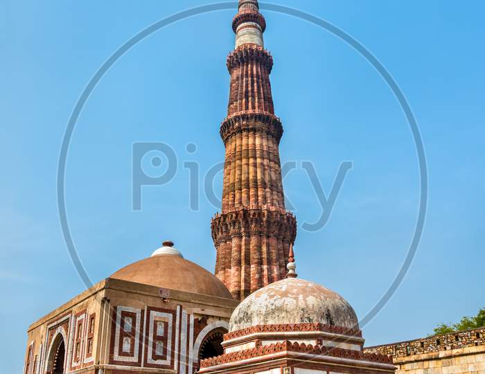 Imam Zamin Tomb, Alai Darwaza And Qutub Minar At The Qutb Complex In Delhi, India