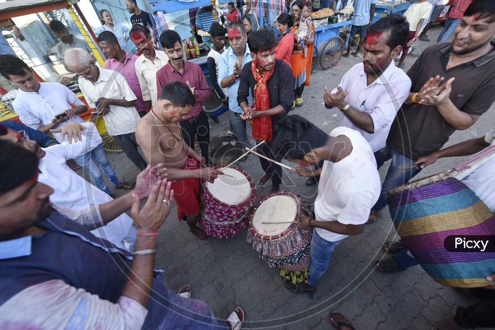 Artists Playing Drums During Durga Goddess Procession